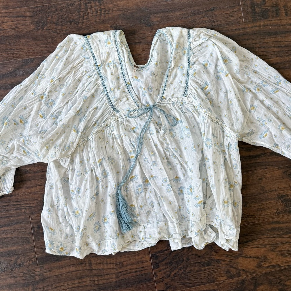 Free People White and Blue Floral Blouse